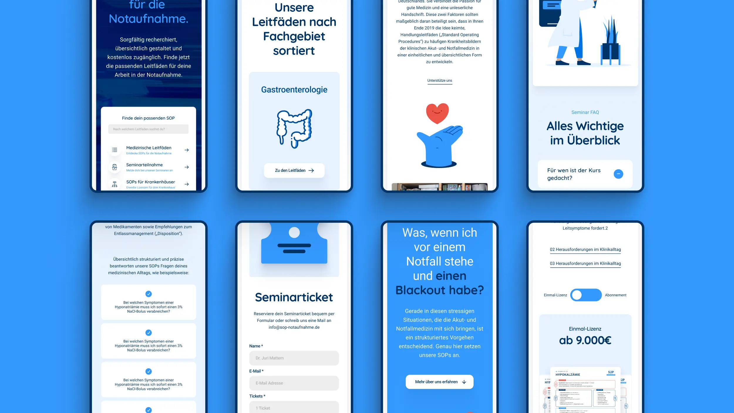 Acht Mobile-Screens mit Suche, Fachgebieten, FAQ und Seminarbuchung.