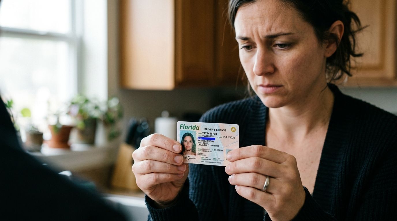 A person with a worried expression looks down at their Florida driver's license, concerned about potential suspension.
