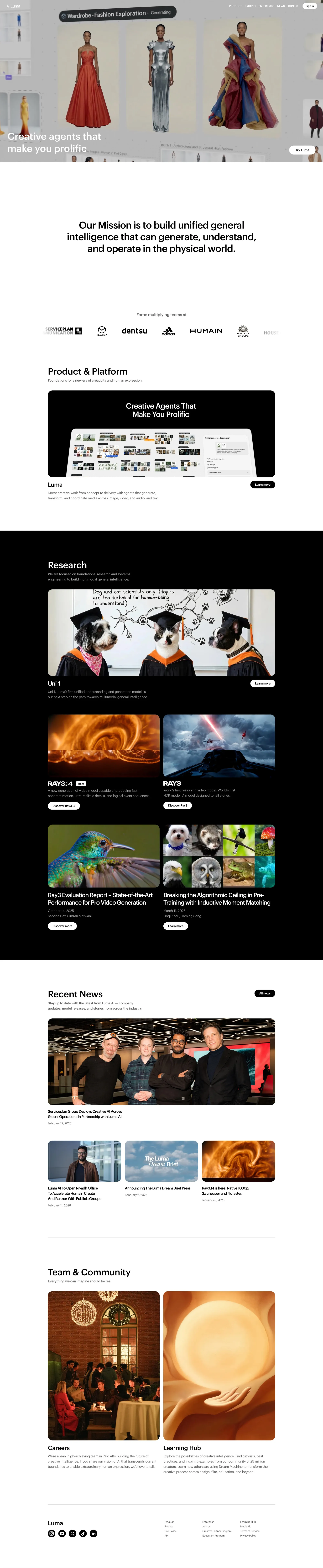 Luma landing page screenshot showcasing AI and Tech design