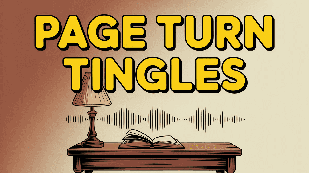 Bookshop Page Turn ASMR Thumbnail Template featuring vintage bookstore table with open book, soft lamp, and floating sound waves