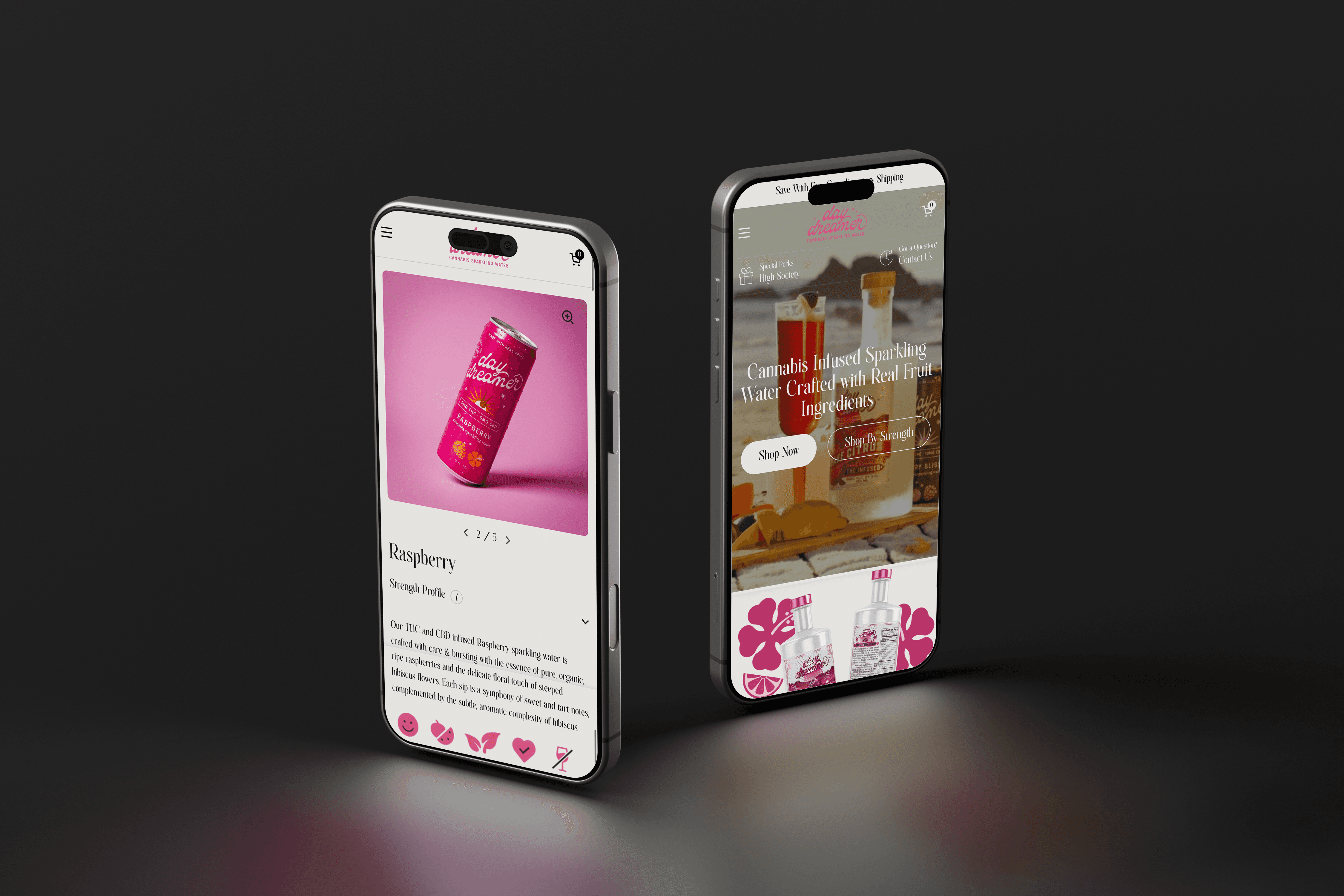 two phones in a dark room displaying a website on different pages