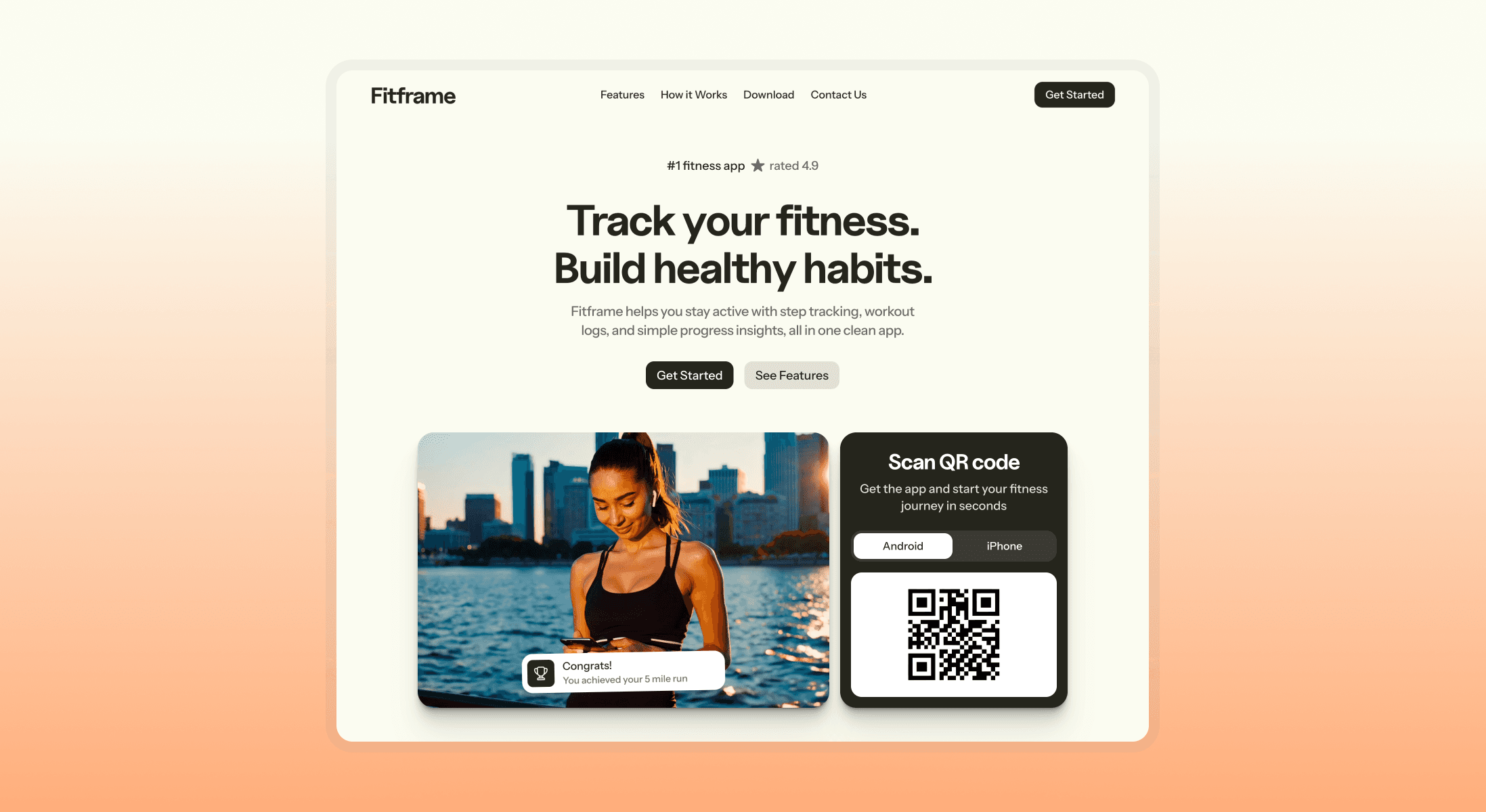Fitframe free Framer template for fitness apps and coaches showing a clean hero section with workout tracking features and QR code app download