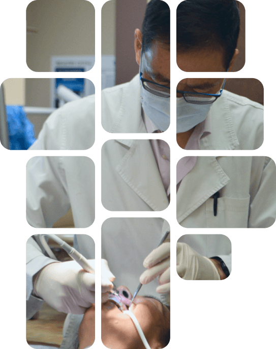 A dentist in a white coat and mask performing a dental procedure on a patient, highlighting various aspects of the examination and treatment process.