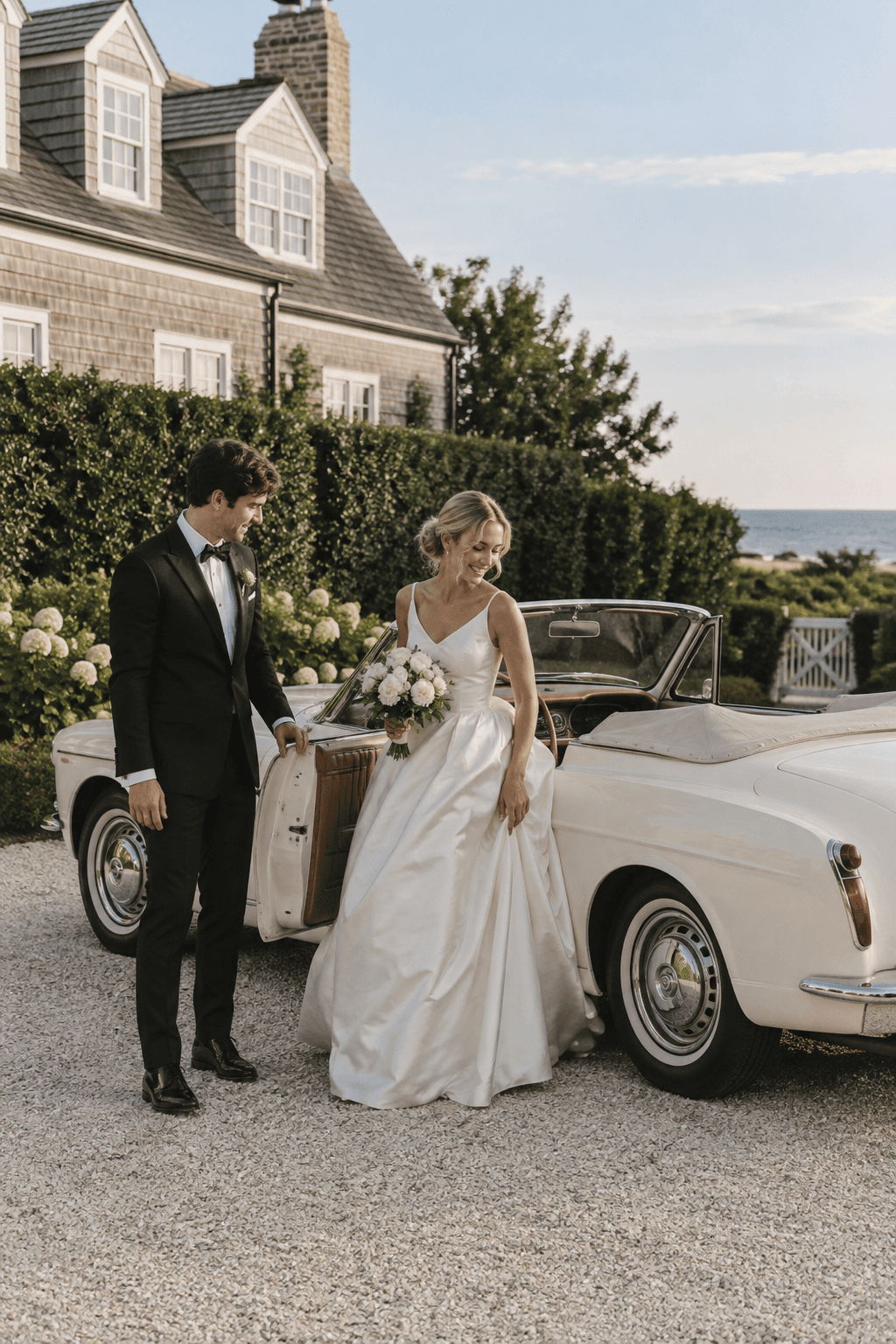 Newlyweds beside a vintage car