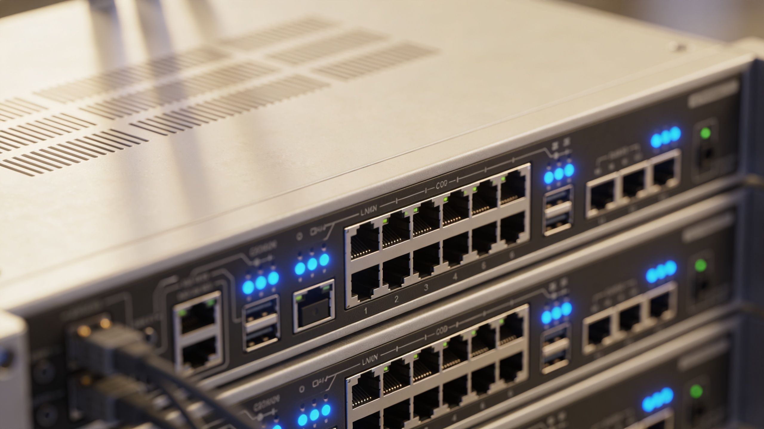 A close-up view of multiple network switches mounted in a server rack with blinking LED status lights.