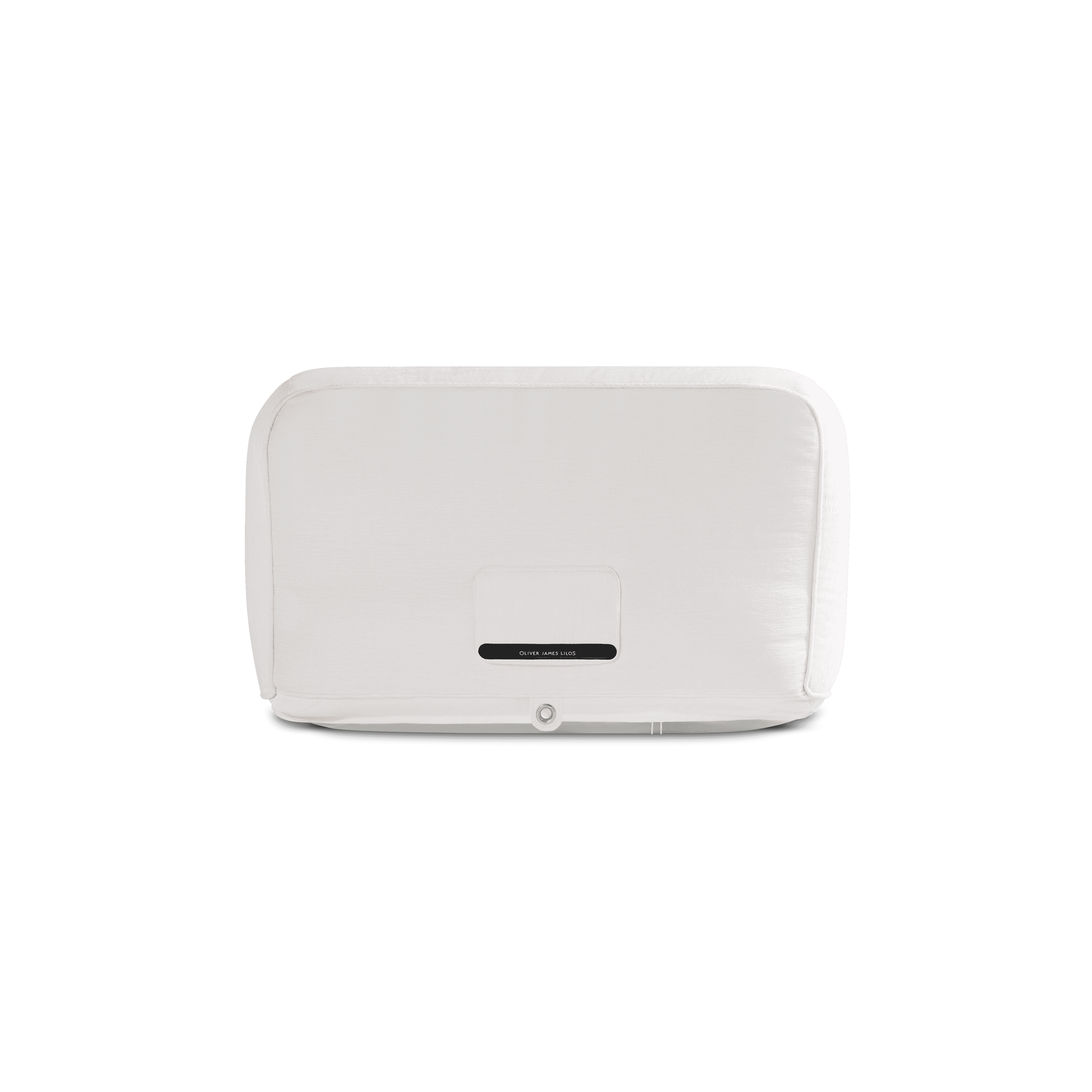 Back-facing all-white chenille pool float showing quilted panels, branded label, and stainless eyelet