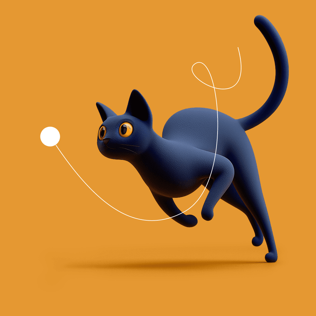 A sleek, stylized black cat with large orange eyes is playfully chasing a white ball on an orange background, capturing a sense of motion and energy.