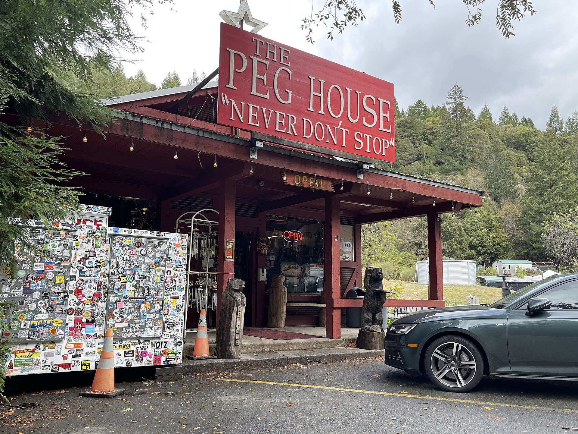 The red wooden Peg House storefront in Leggett.
