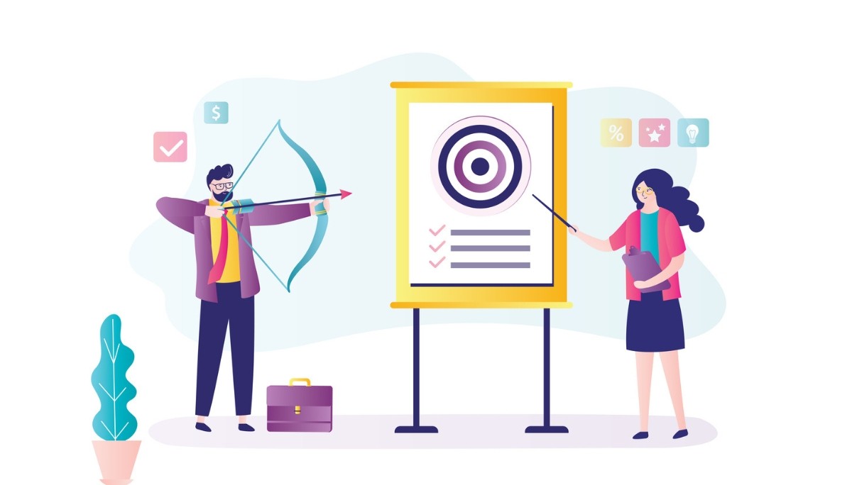 Illustration of a man aiming a bow at a target while a woman presents success metrics—symbolizing goal alignment and strategic thinking behind strong answers to “Why do you want this job?”