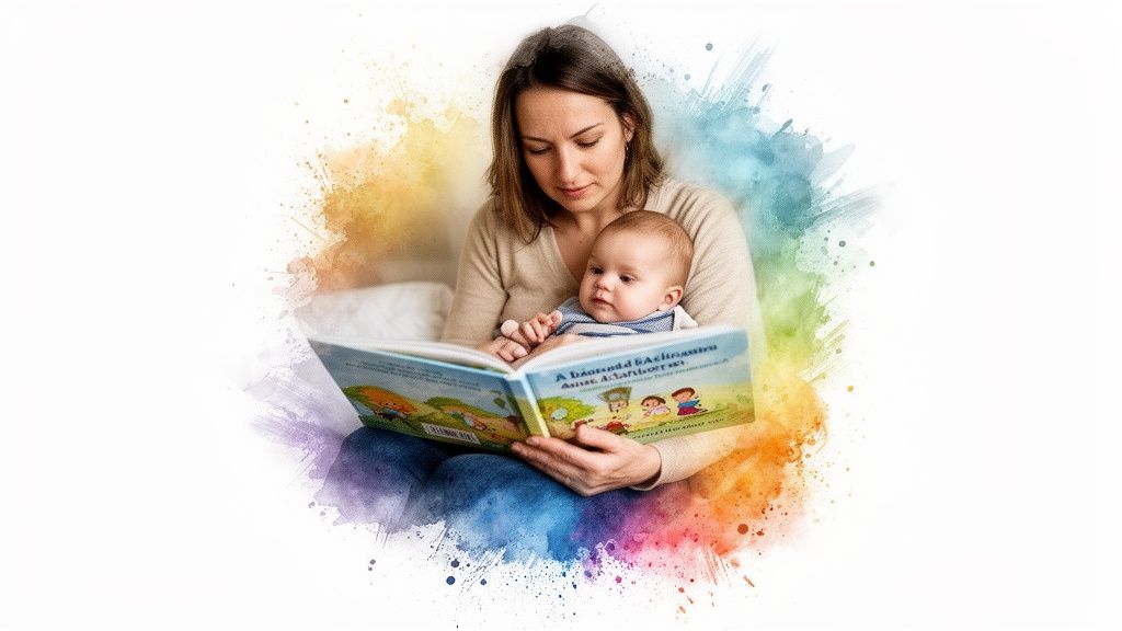 A loving mother reads a colorful storybook to her baby, surrounded by vibrant watercolor art.