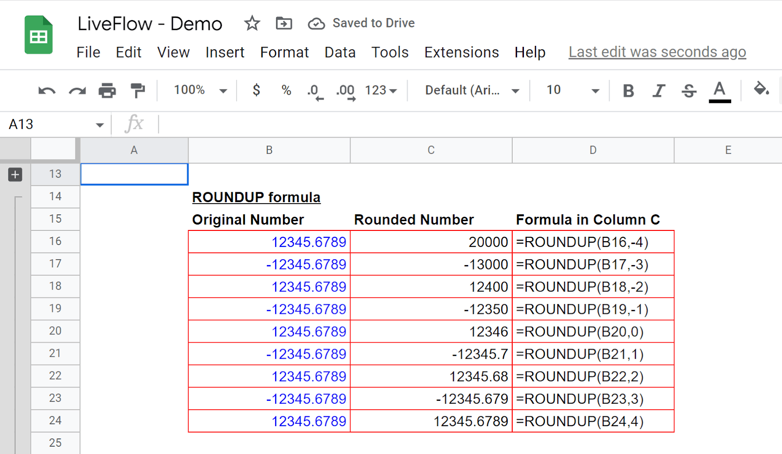 ROUNDUP formula in Google Sheets