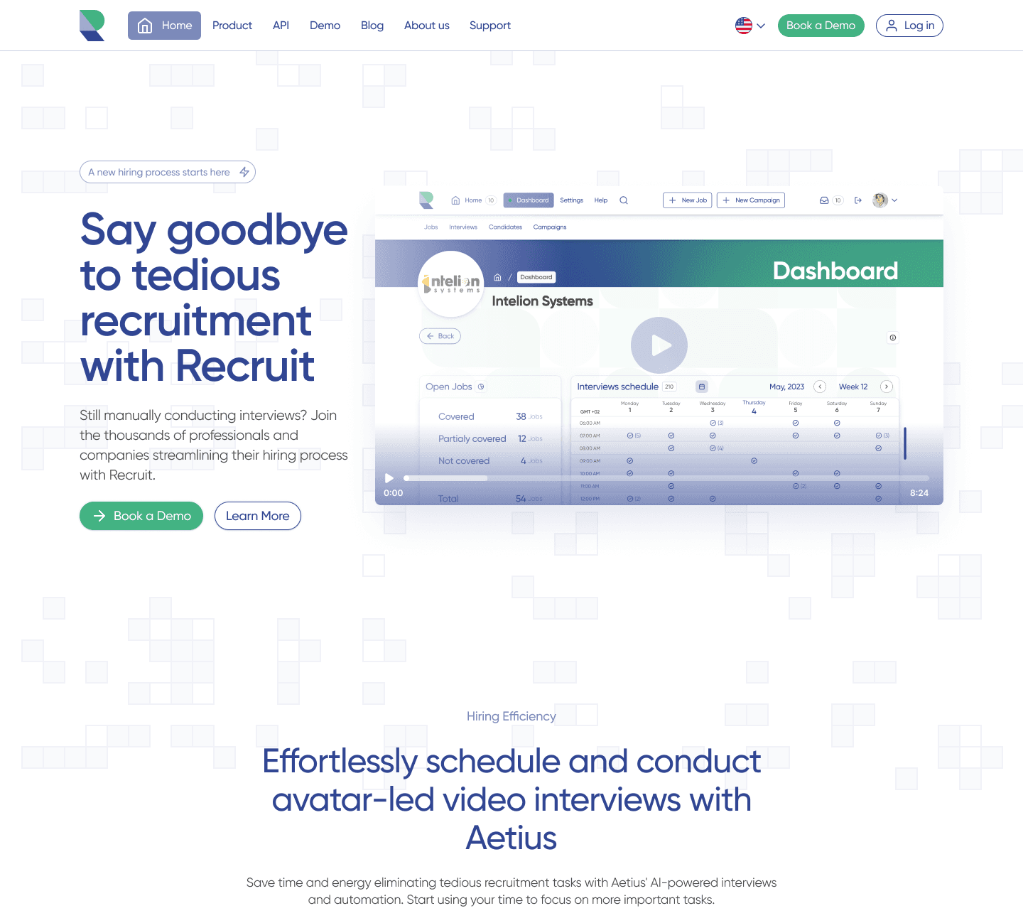 Main hero section of a recruitment software site, featuring the headline "Say goodbye to tedious recruitment with Recruit." It shows a dashboard from Intelion Systems, interview schedules, job coverage, and buttons to book a demo or learn more.