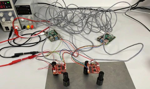 Test 5 bench: the 10-meter shielded pair between the converters with bench power supply
