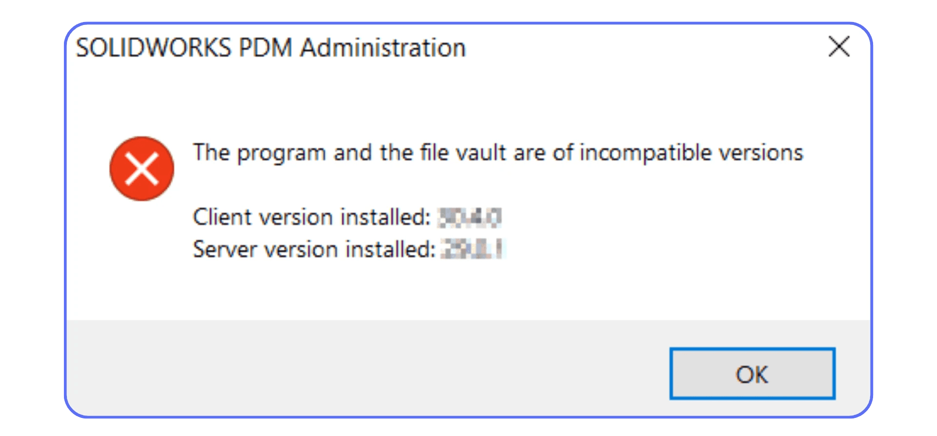 SolidWorks PDM administration error showing incompatible client and server versions.
