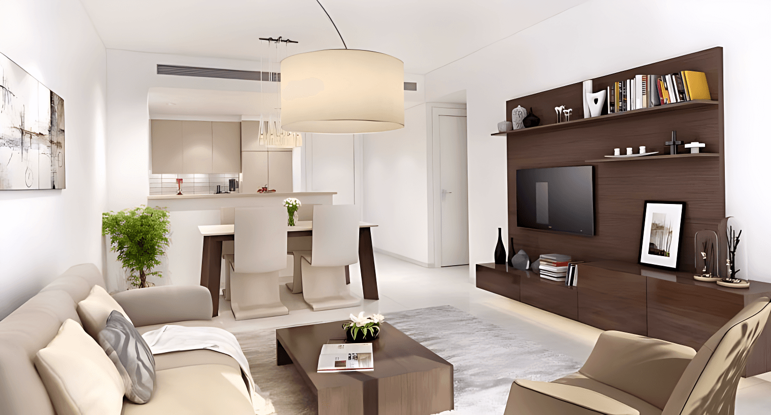 A modern living room in Safi Apartments featuring a couch and a television, showcasing contemporary design elements.