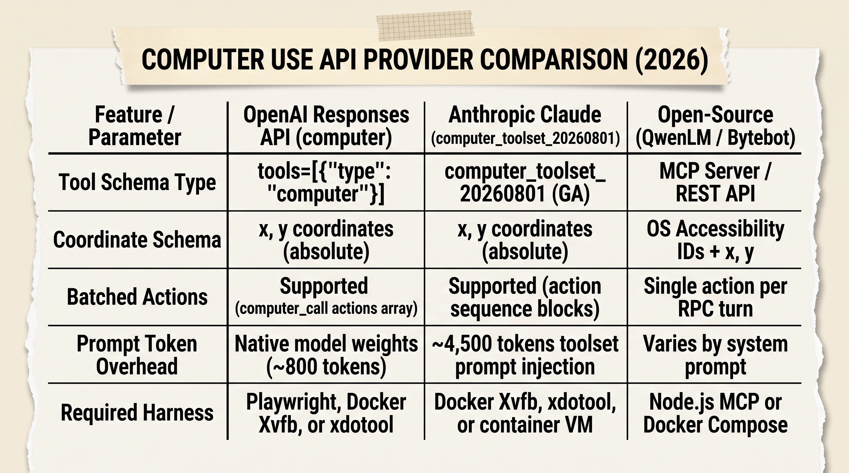 Side by side comparison table comparing OpenAI Responses API computer tool with Anthropic computer toolset and open source agents
