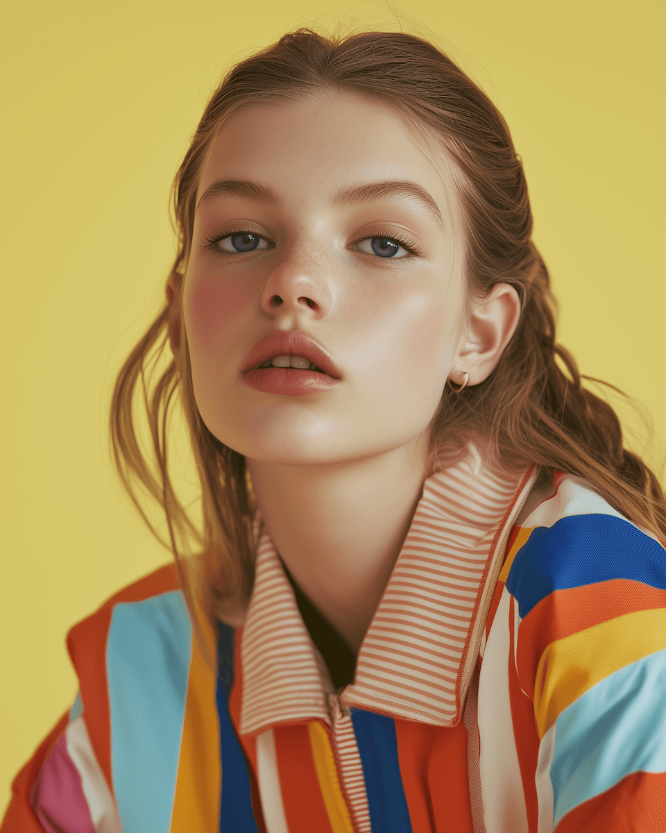 Young woman in a colorful striped jacket against a yellow background, editorial portrait