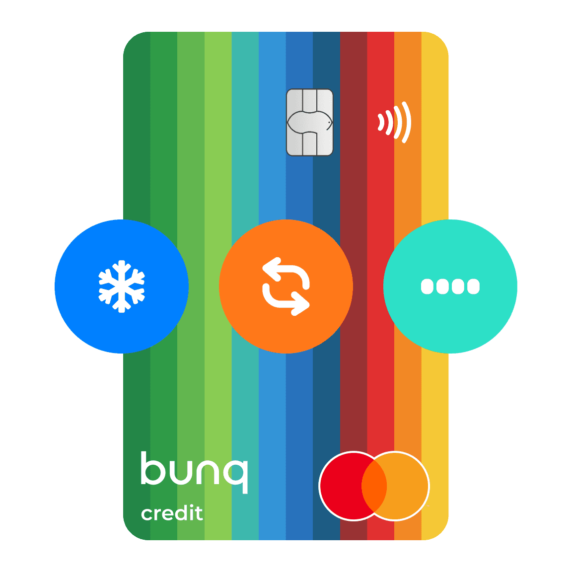 Colorful card design with buttons for features like payments and settings displayed below.