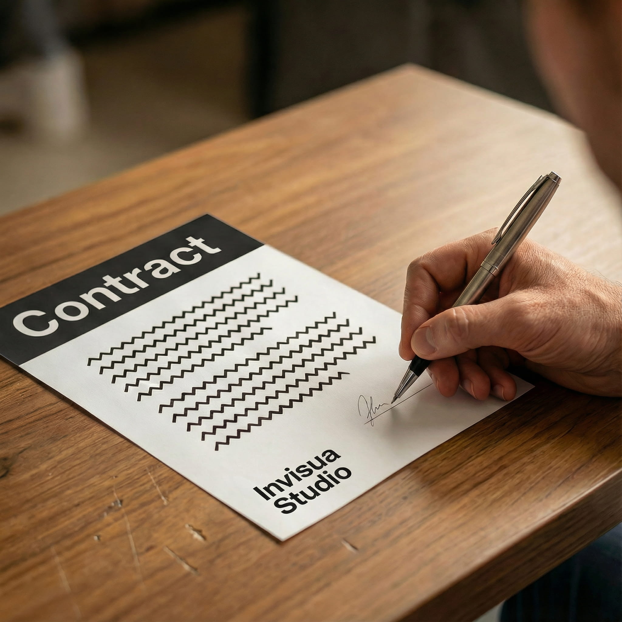 a contract from invisua Studio with a hand who signs this