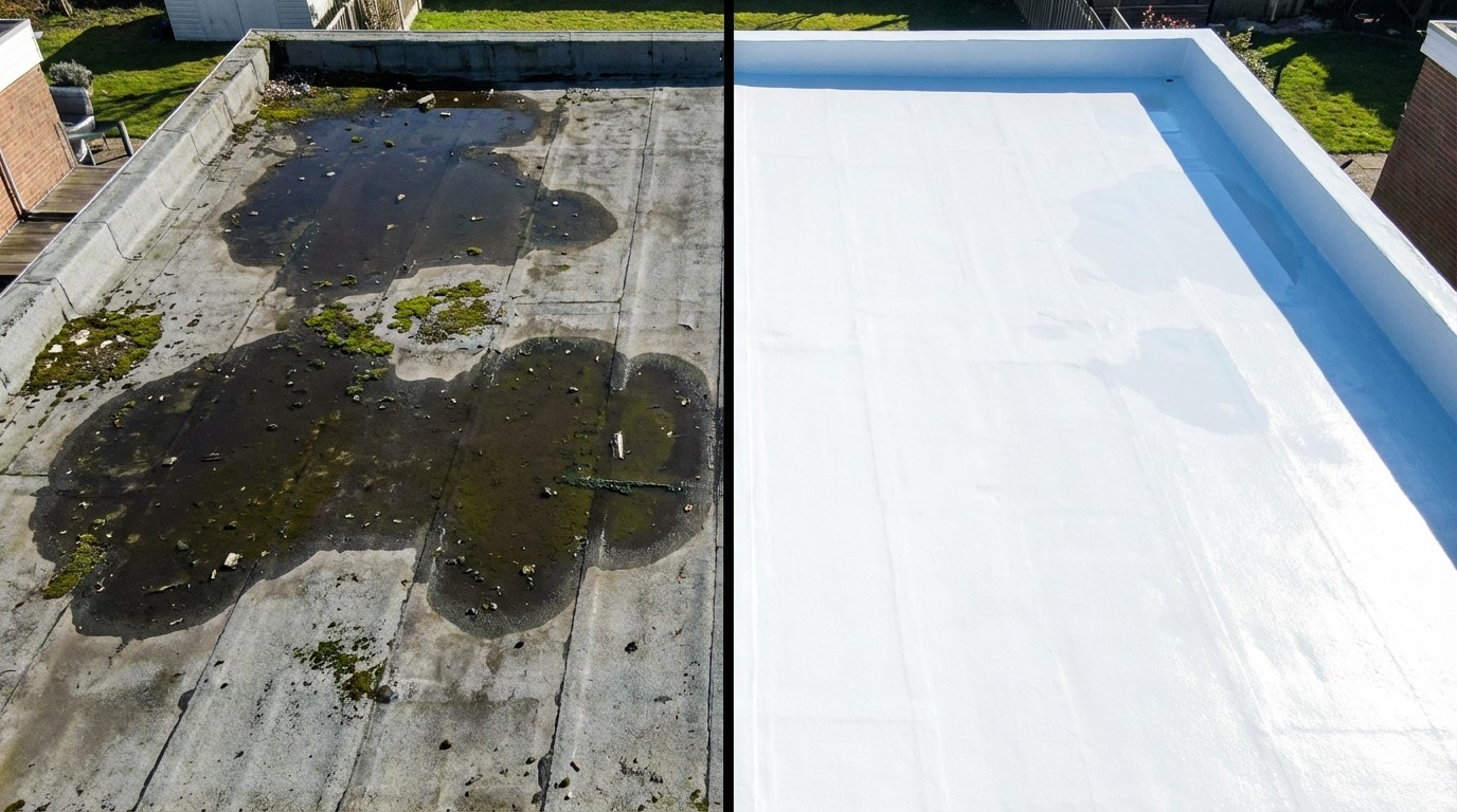 Split image comparison: Left side shows an aging flat roof with dark ponding water and debris; right side shows the same roof with a newly applied bright white silicone waterproof coating.