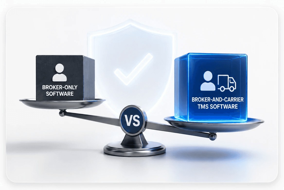 3D illustration comparing broker-only TMS software and broker-and-carrier TMS software using a balance scale, representing software evaluation for freight brokers.