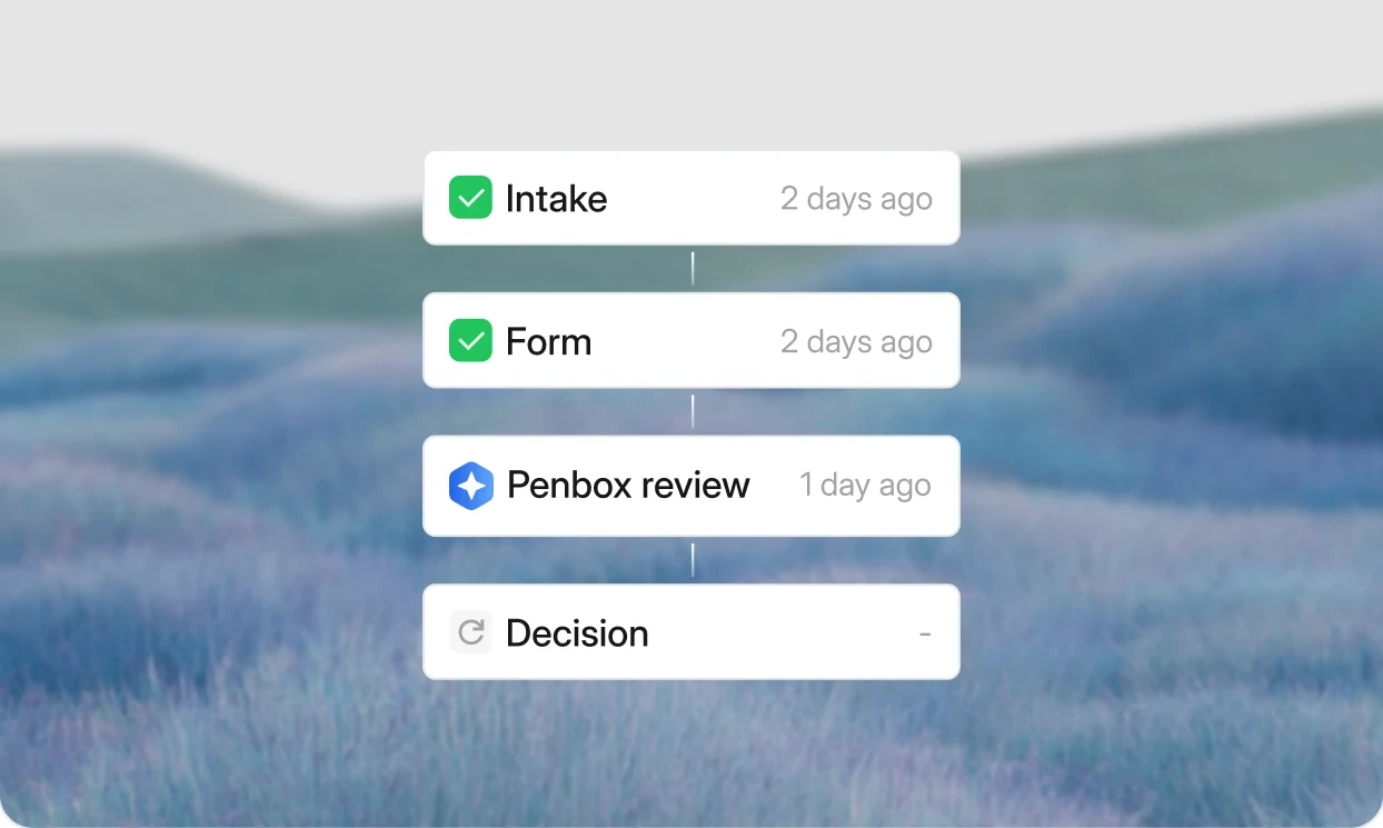 Case timeline showing intake, form, Penbox review and decision steps with completion times