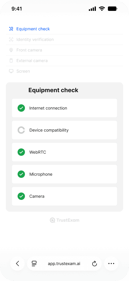 Illustrative TrustExam mobile interface: equipment check