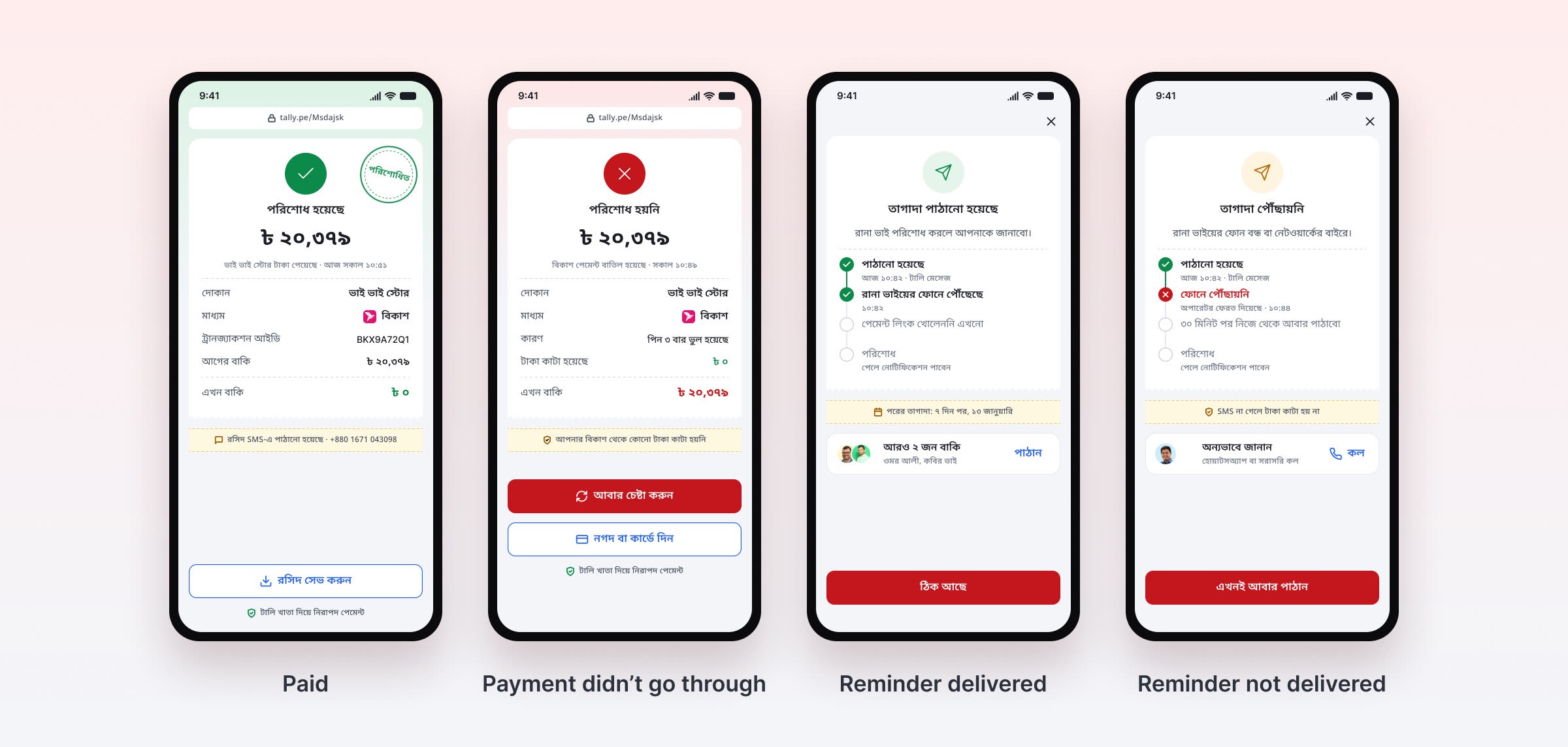A payment that did not go through and a reminder that did not arrive, each next to its success state.