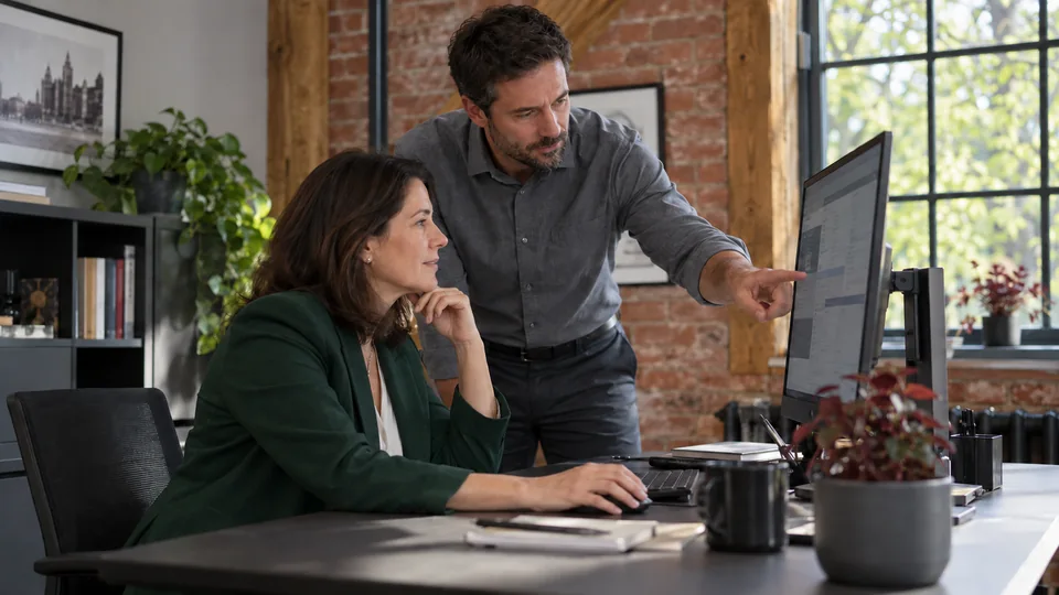 Colleagues reviewing an internal tool at a desktop computer.