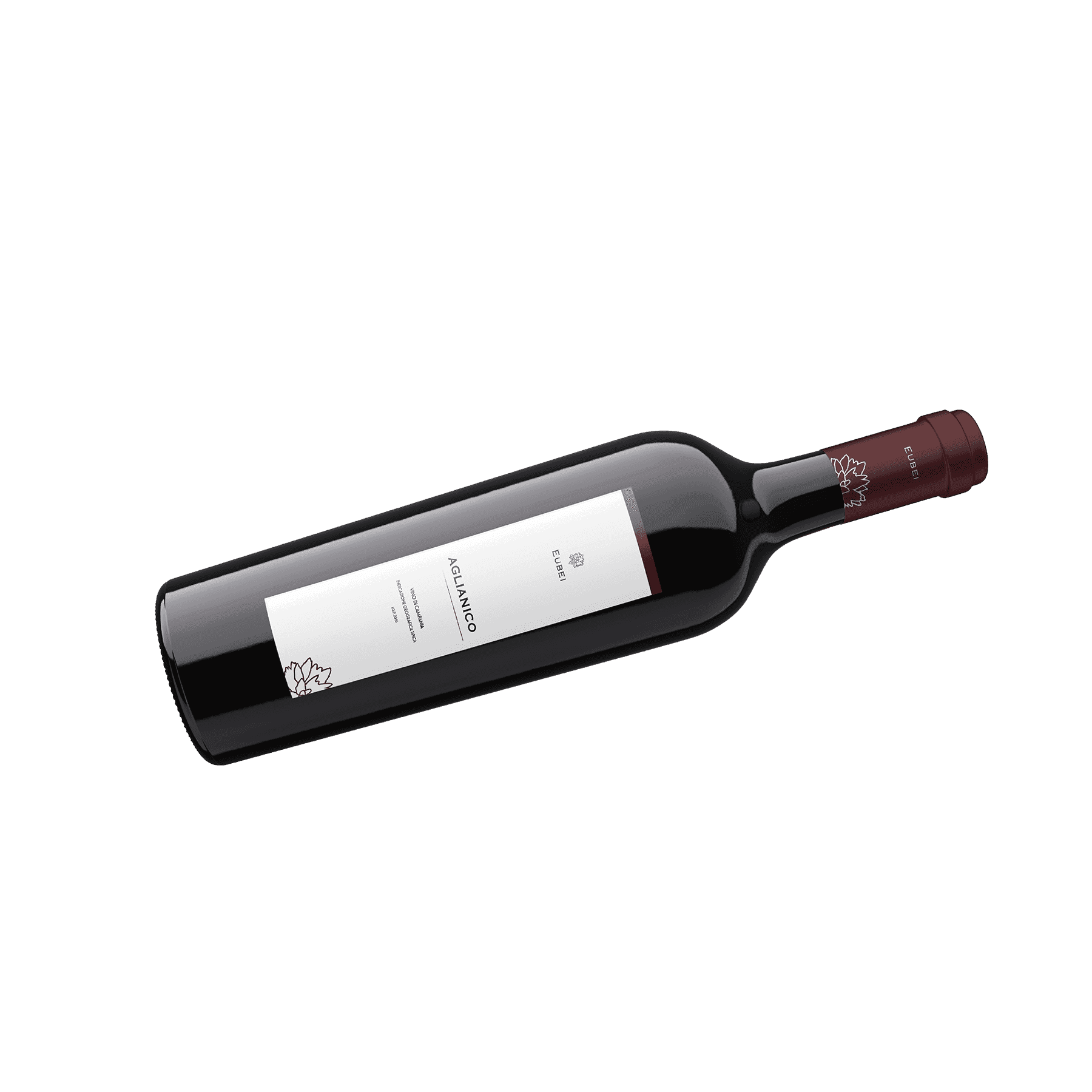 Eubei Aglianico wine bottle floating diagonally, minimal white label on black background.