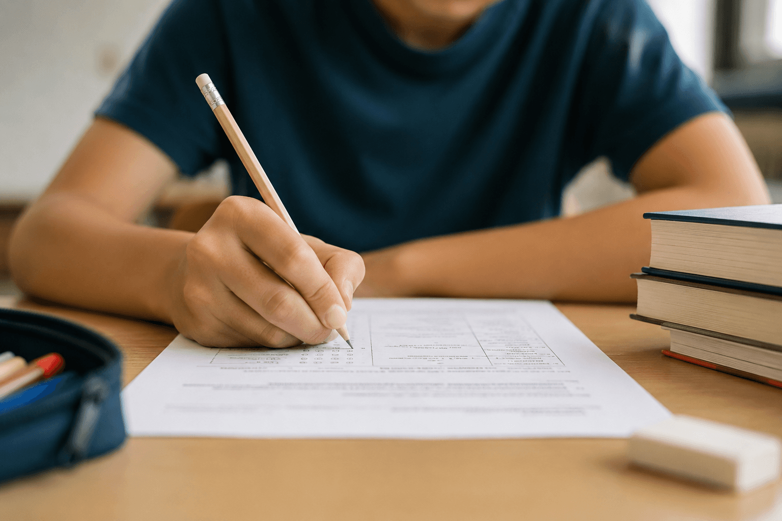 LGS hazırlığı yapan bir öğrencinin masa başında test çözerken kalemle cevap işaretlediği odaklı çalışma anı görseli