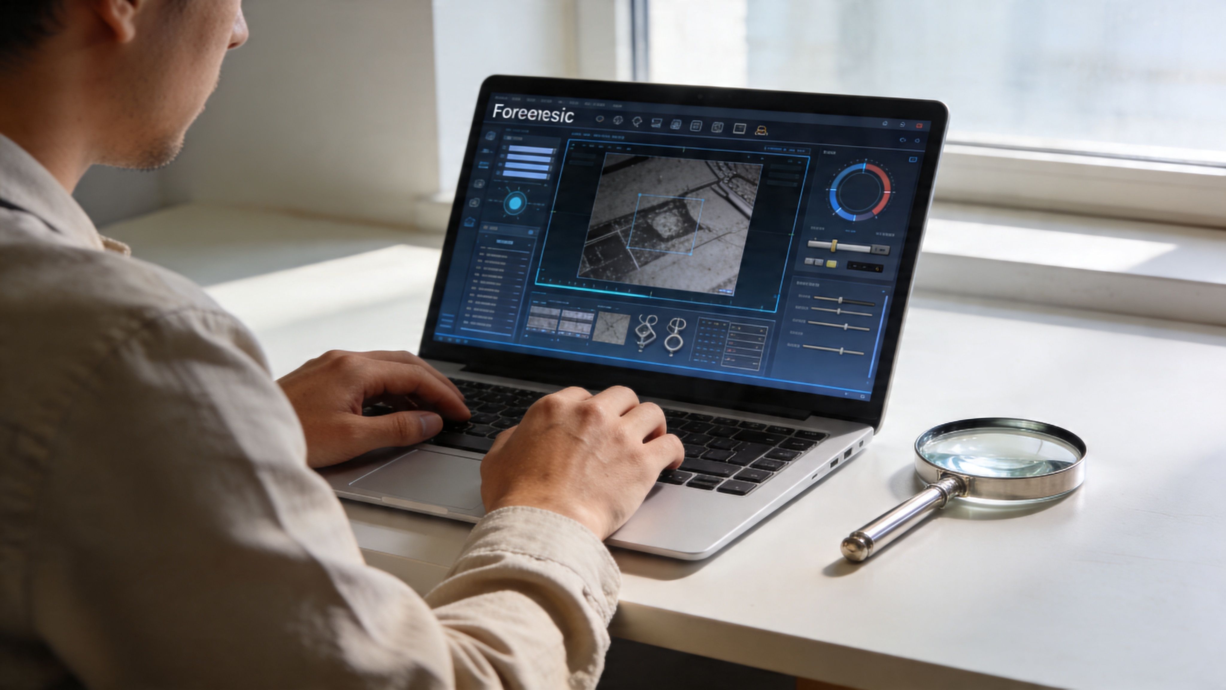 Ein Mann arbeitet an einem Laptop, der eine Software zur Bildforensik und zur Analyse digitaler Beweise anzeigt.