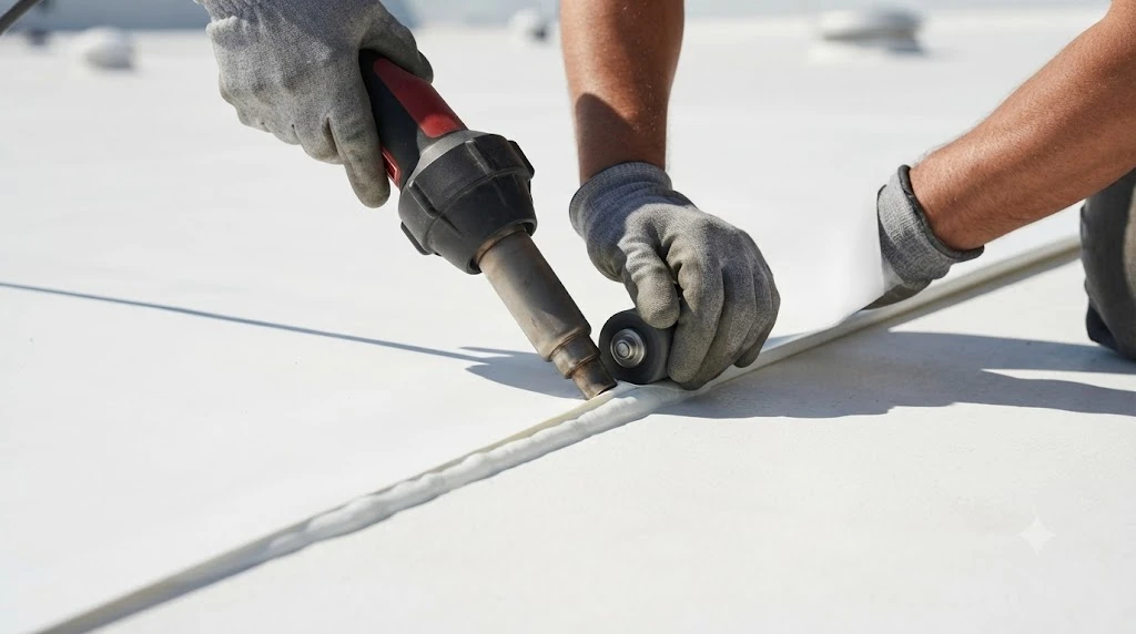 Hot air welding a TPO membrane seam on a South Florida commercial flat roof