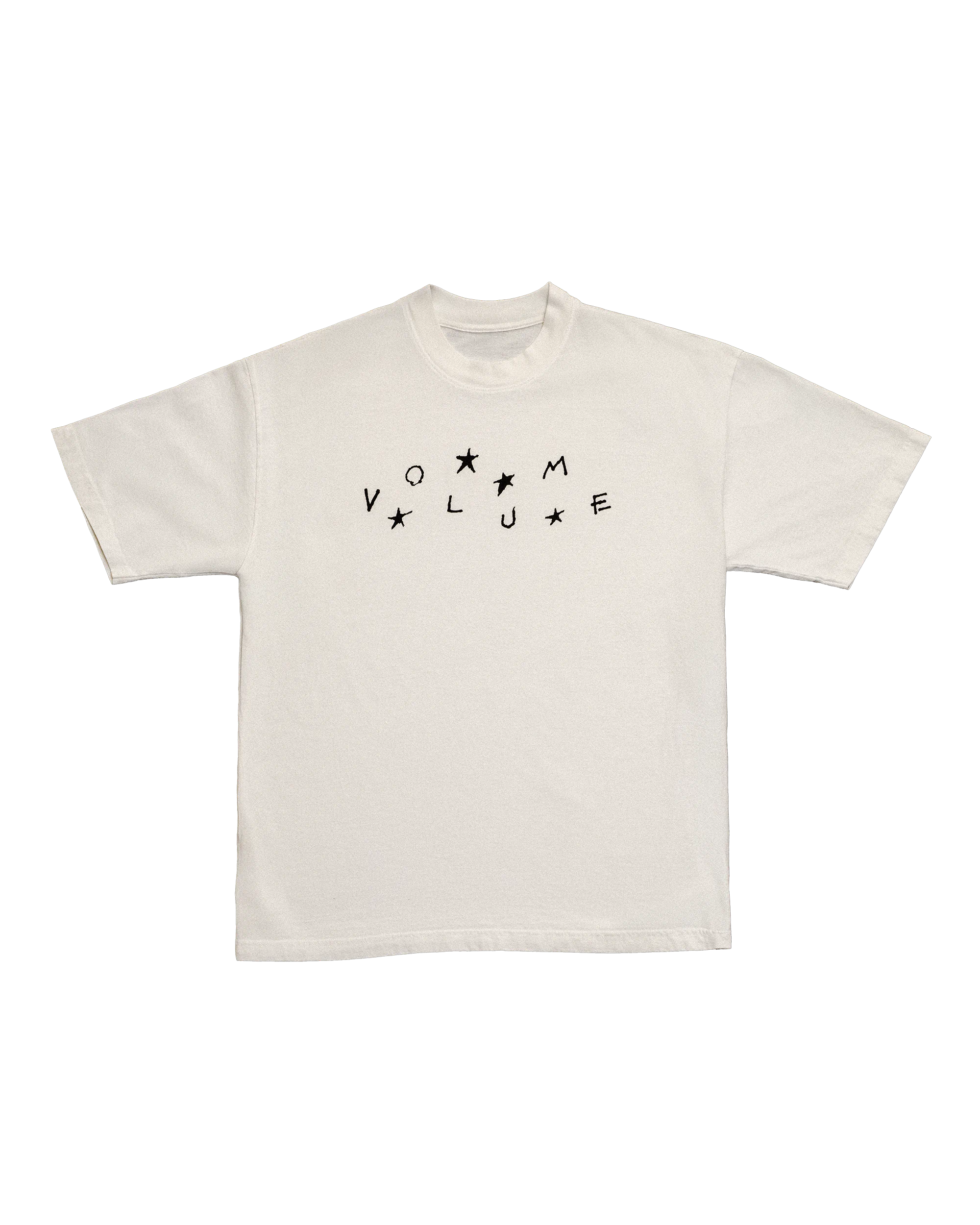Flat lay of the Stars + Scribbles T-shirt by Gearld Canaday IV for Volume LWH. An off-white tee with scattered black lettering and star graphics across the chest.