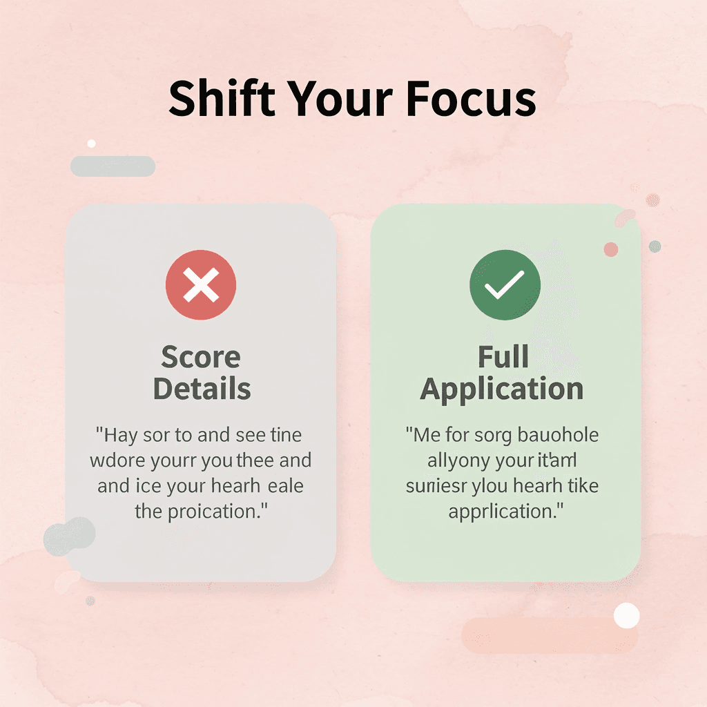 Before and after infographic showing shift from score details to full application strategy