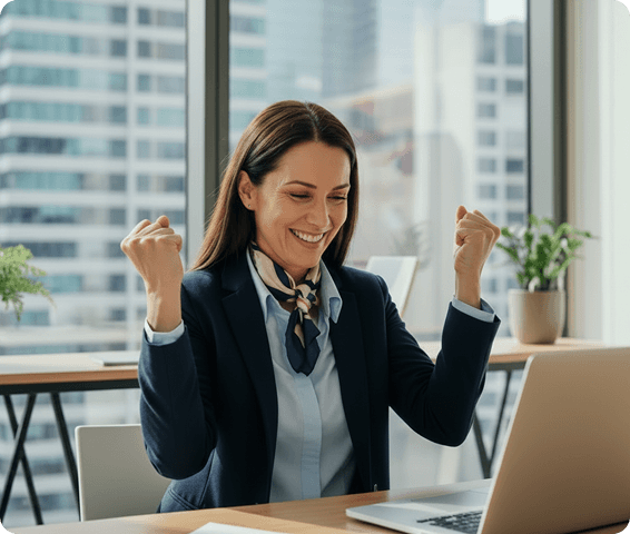 Successful businesswoman celebrating victory at her office desk.