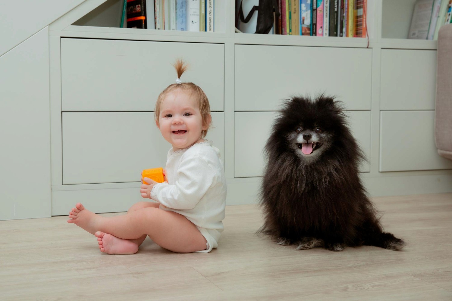Baby and family dog sitting side by side on smooth, level flooring in a Brisbane home — showing why flat, stable floors matter once little ones start crawling.
