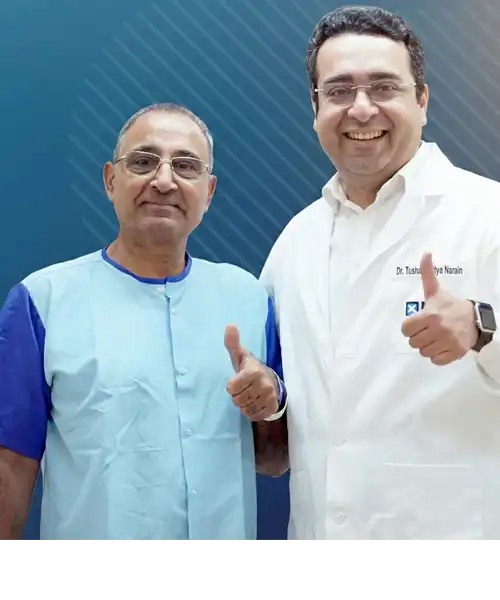 Dr Tushar with a patient at Max Hospital after robotic prostate cancer treatment