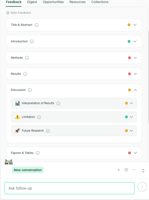 thesify feedback panel showing section-level feedback for title and abstract, introduction, methods, results, and discussio