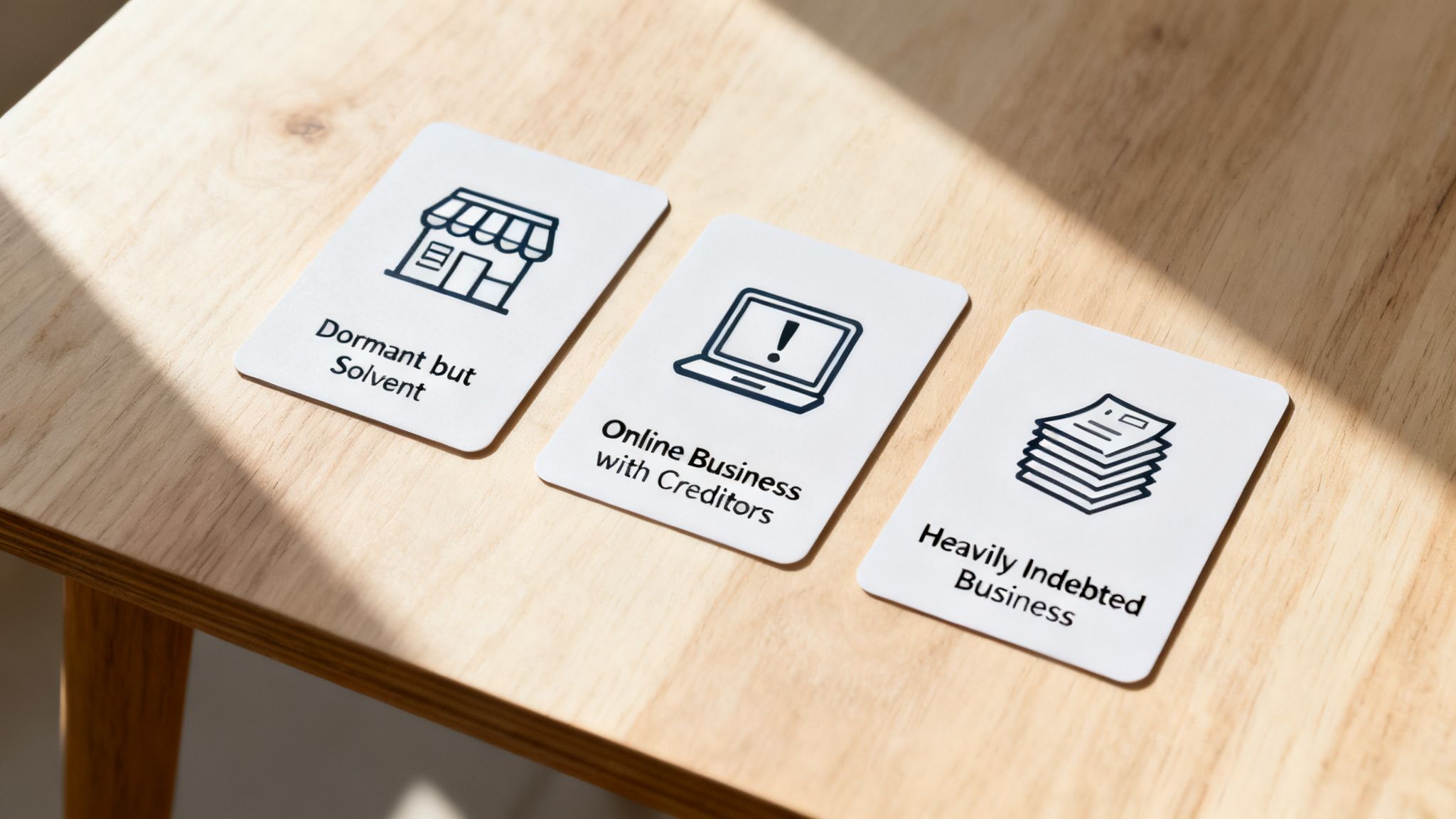 Three white cards on a wooden table, showing business states: Dormant but Solvent, Online Business with Creditors, and Heavily Indebted Business.