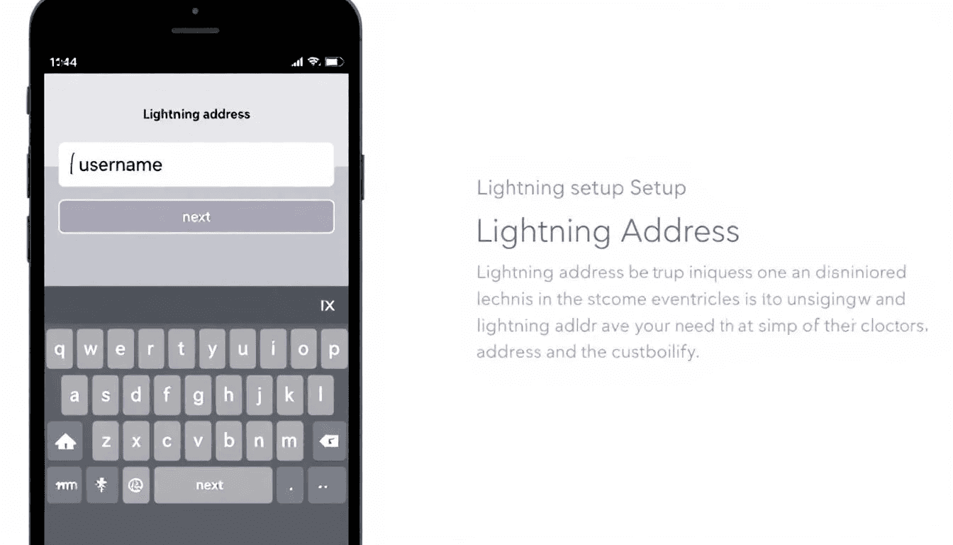 The image displays the Strike app interface, specifically the lightning address setup screen, featuring a field for users to enter their desired username. This setup is essential for creating a unique lightning address, similar to an email address, which allows users to receive bitcoin payments through the lightning network.