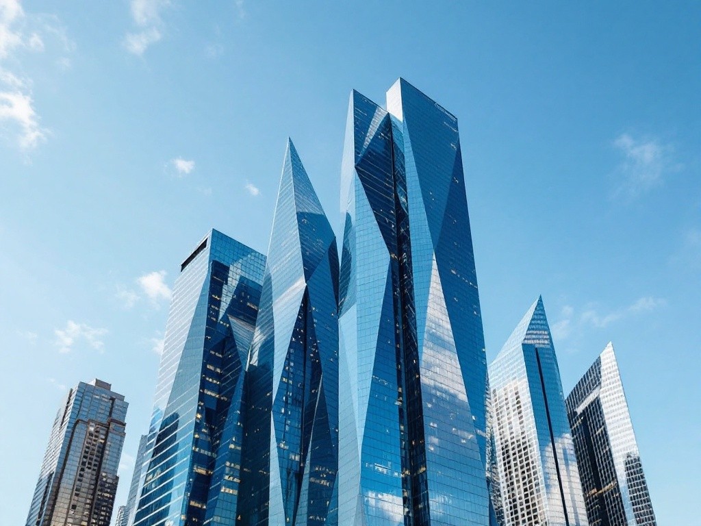 A low angle view of several modern skyscrapers against a clear blue sky.