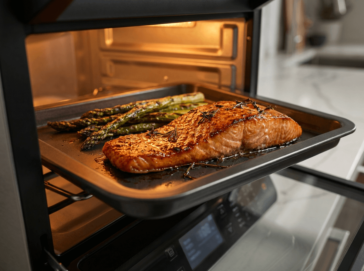 Perfectly cooked salmon fillet and asparagus inside a smart oven