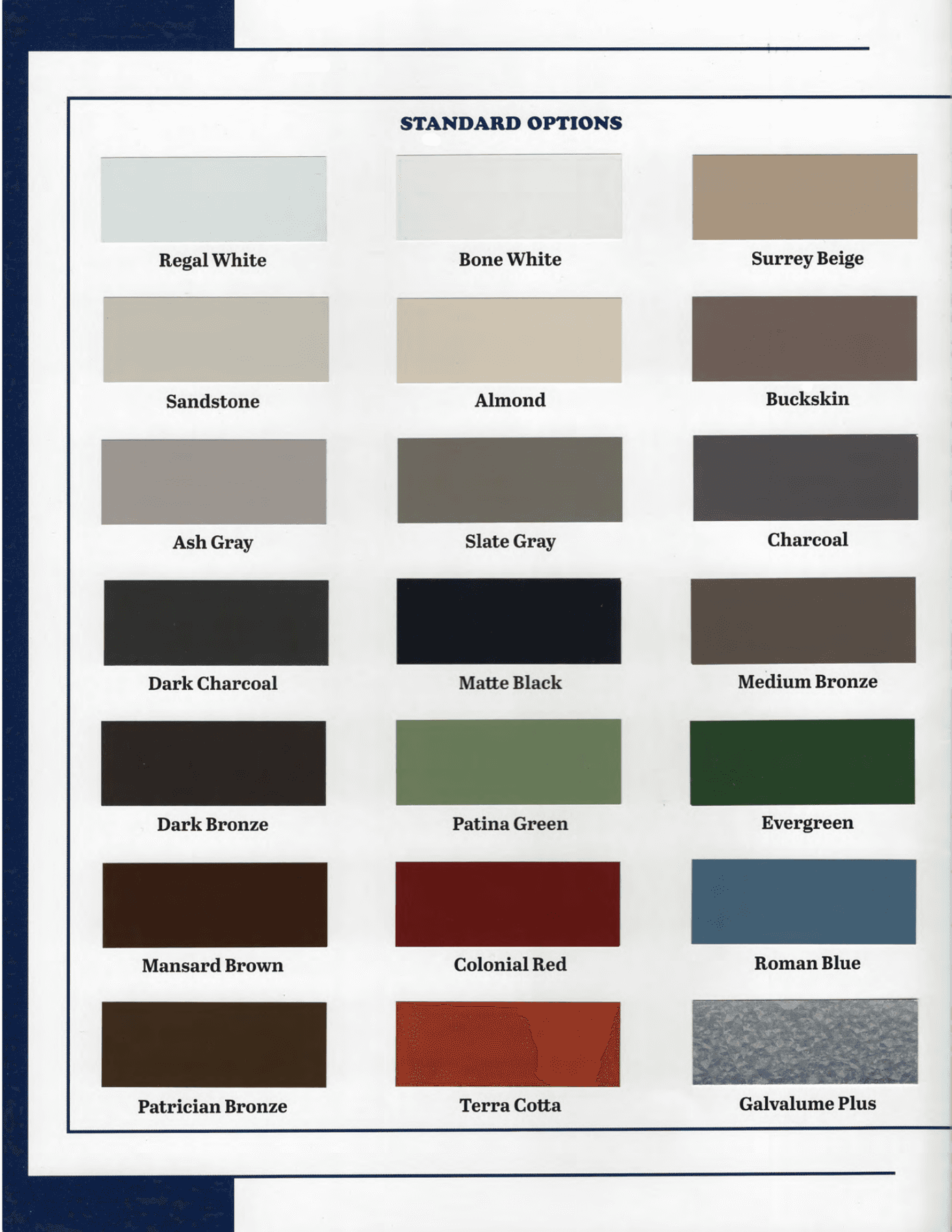 Official McElroy architectural standard colors including Regal White, Ash Gray, Matte Black, bronze and green options