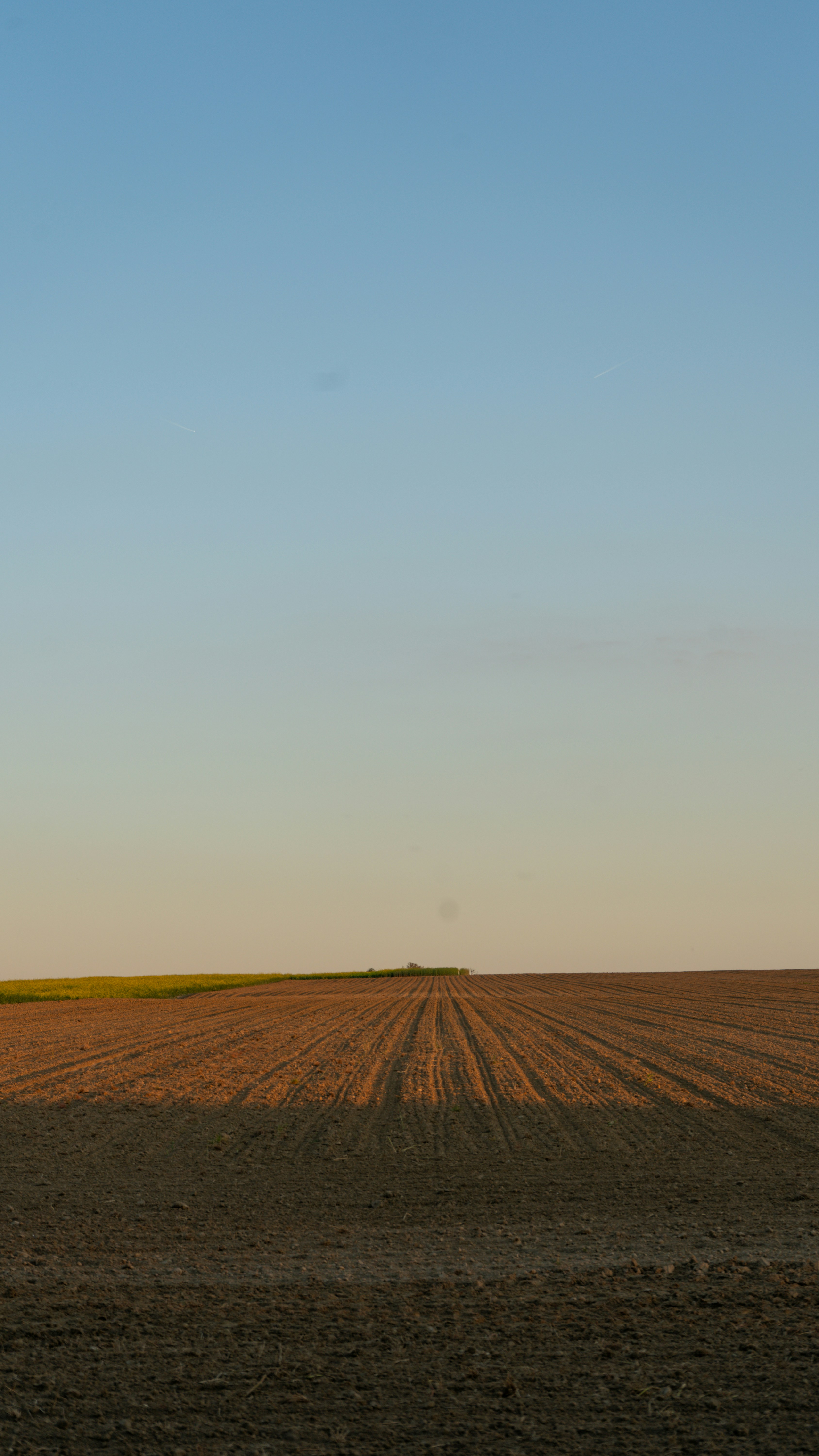 A plowed field is lit by the setting sun.