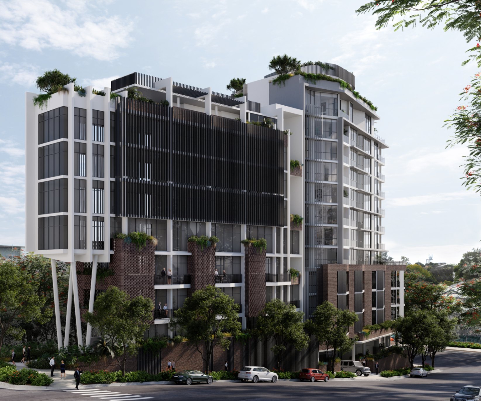 Architectural facade of The Adler Brisbane in its urban setting, featuring off-the-plan apartments available to buy with $10k through Coposit.