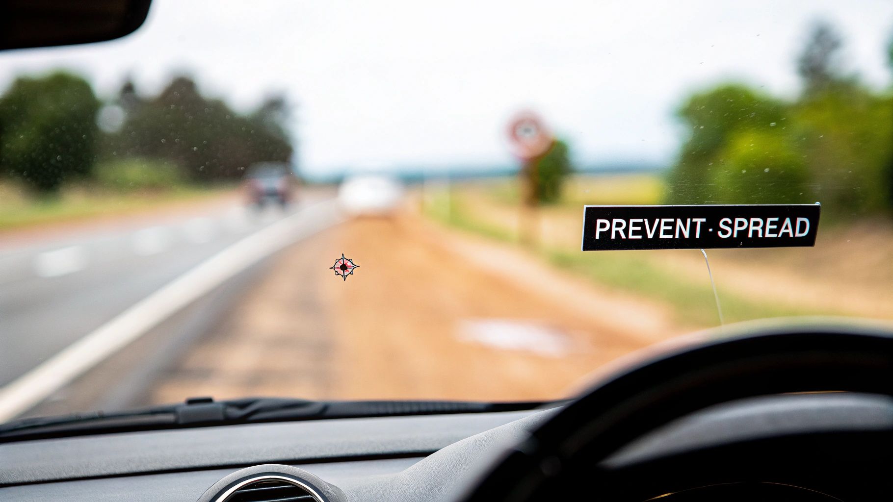 A close-up view of a small chip in a car's windshield with a blurred background of a road
