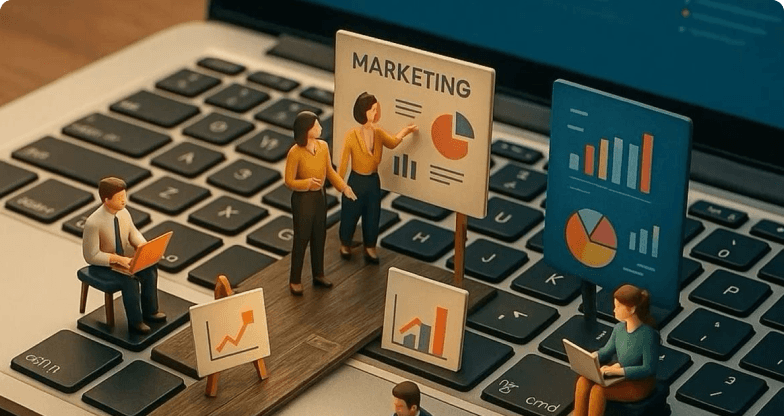 Miniature figures with marketing charts on a laptop keyboard