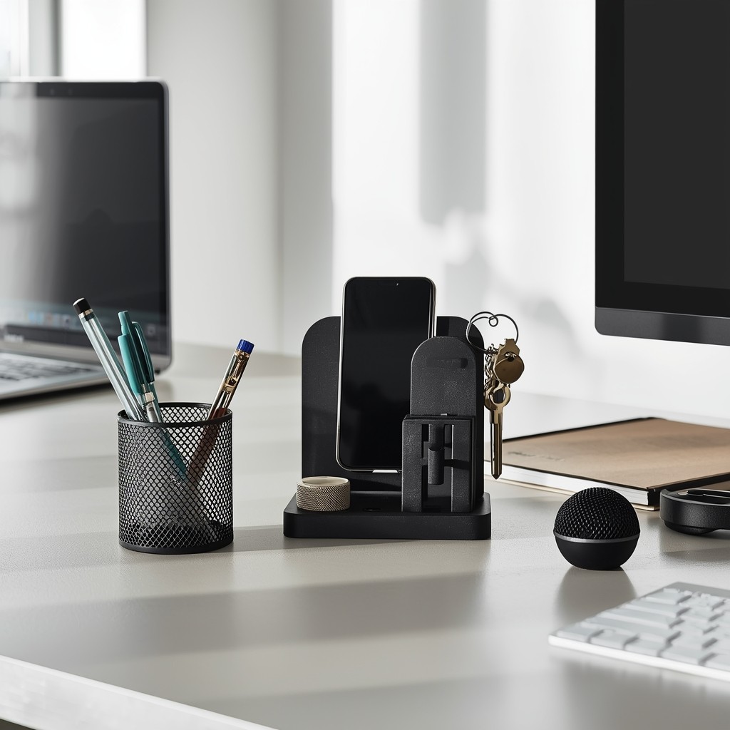 Modern office desk setup with neatly arranged accessories including pen stand, desk organizer, mobile stand, and key holder, minimal workspace, laptop and notebook in background, soft natural lighting, clean and professional look, product-focused, realistic photography