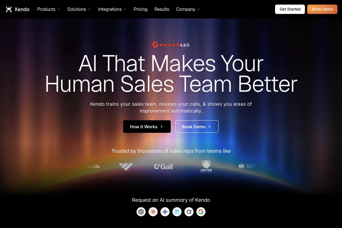 Kendo homepage headlined AI That Makes Your Human Sales Team Better, with AI roleplay and automated call review
